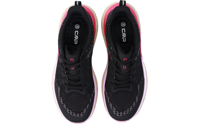 Paar schwarze Sportschuhe mit rosa Akzenten, von oben: schwarze Schnürsenkel, rosa Sohlrand, weiße und rosa Punkte auf der Vorderkappe, Innensohle mit Aufdruck 'CMP' und Größensymbol '38'