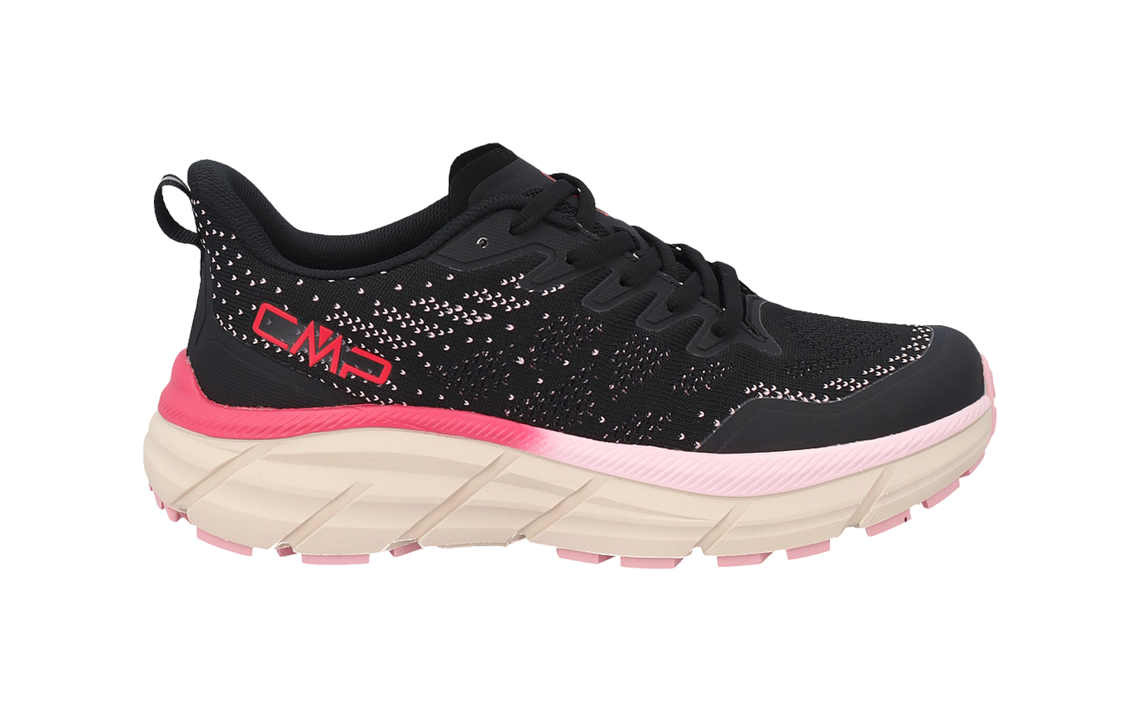 Schwarzer Sportschuh mit rosa Sprenkeln, rosa Akzent an der Zwischensohle, heller profilierter Außensohle und rosa CMP‑Logo an der Seite
