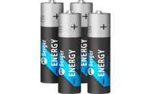 Vier silber-schwarze zylindrische Batterien mit blauem Akzent, Aufdruck 'ENERGY Berger Micro 1.5V' und sichtbaren Pluspolen