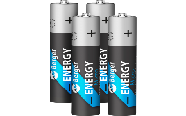 Vier silber-schwarze zylindrische Batterien mit blauem Akzent, Aufdruck 'ENERGY Berger Micro 1.5V' und sichtbaren Pluspolen
