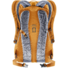 Gelb-orangefarbener Rucksack, Rückseite, zwei gepolsterte Schultergurte mit grauer Netzpolsterung, mittiger Belüftungskanal, Brustgurt und Hüftgurt
