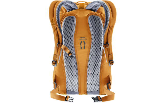 Gelb-orangefarbener Rucksack, Rückseite, zwei gepolsterte Schultergurte mit grauer Netzpolsterung, mittiger Belüftungskanal, Brustgurt und Hüftgurt