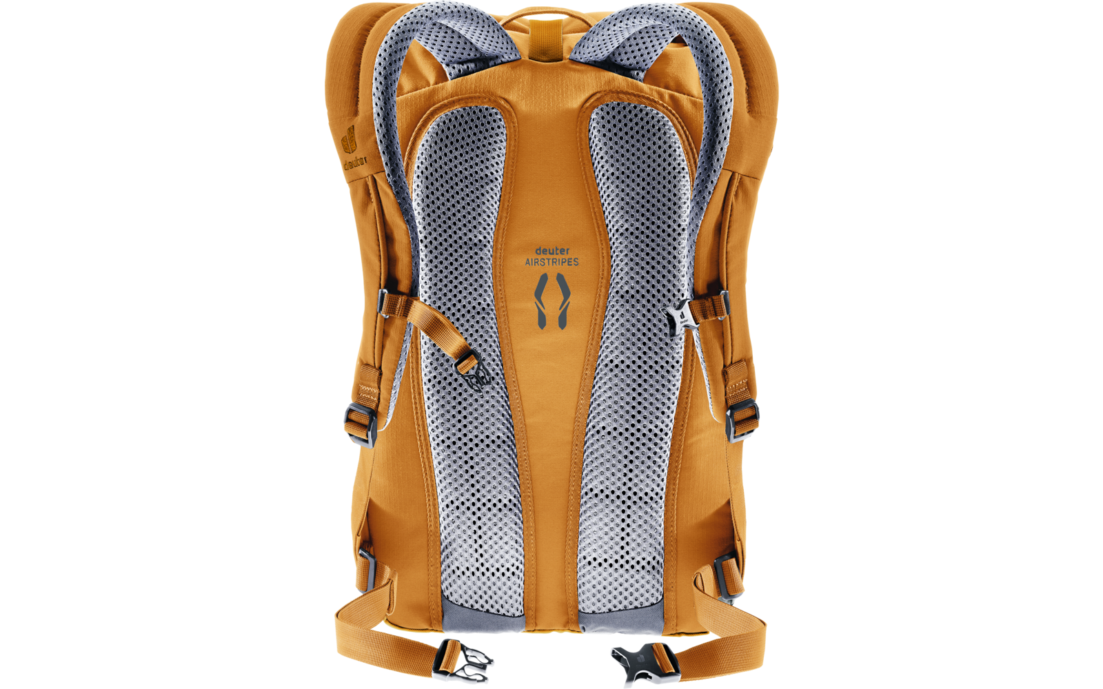 Gelb-orangefarbener Rucksack, Rückseite, zwei gepolsterte Schultergurte mit grauer Netzpolsterung, mittiger Belüftungskanal, Brustgurt und Hüftgurt