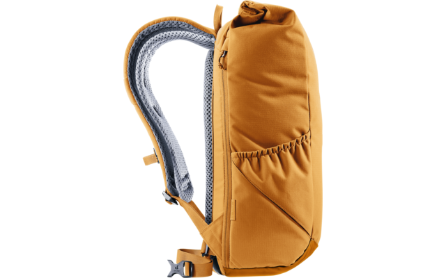 Seitliche Ansicht eines senfgelben Rucksacks mit gepolstertem Tragegurt, grauem Mesh-Futter, vertikalem Reißverschluss und elastischer Seitentasche auf weißem Hintergrund