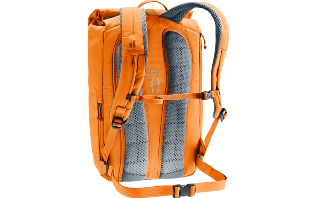 Oranger Rucksack, Rückseite mit grauer Netzpolsterung, Schulter-, Brust- und Hüftgurt