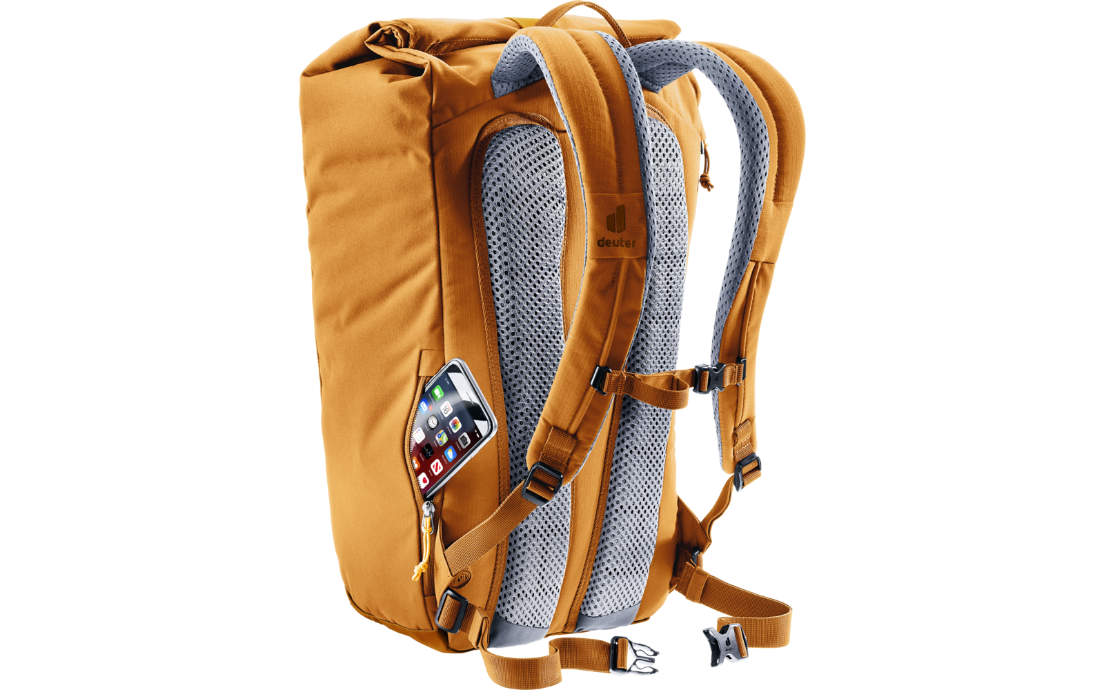 senfgelber Rucksack von hinten, graues gepolstertes Netzrückenpaneel, verstellbare Schulterriemen mit Schnallen und seitliche Tasche mit teilweise sichtbarem Smartphone