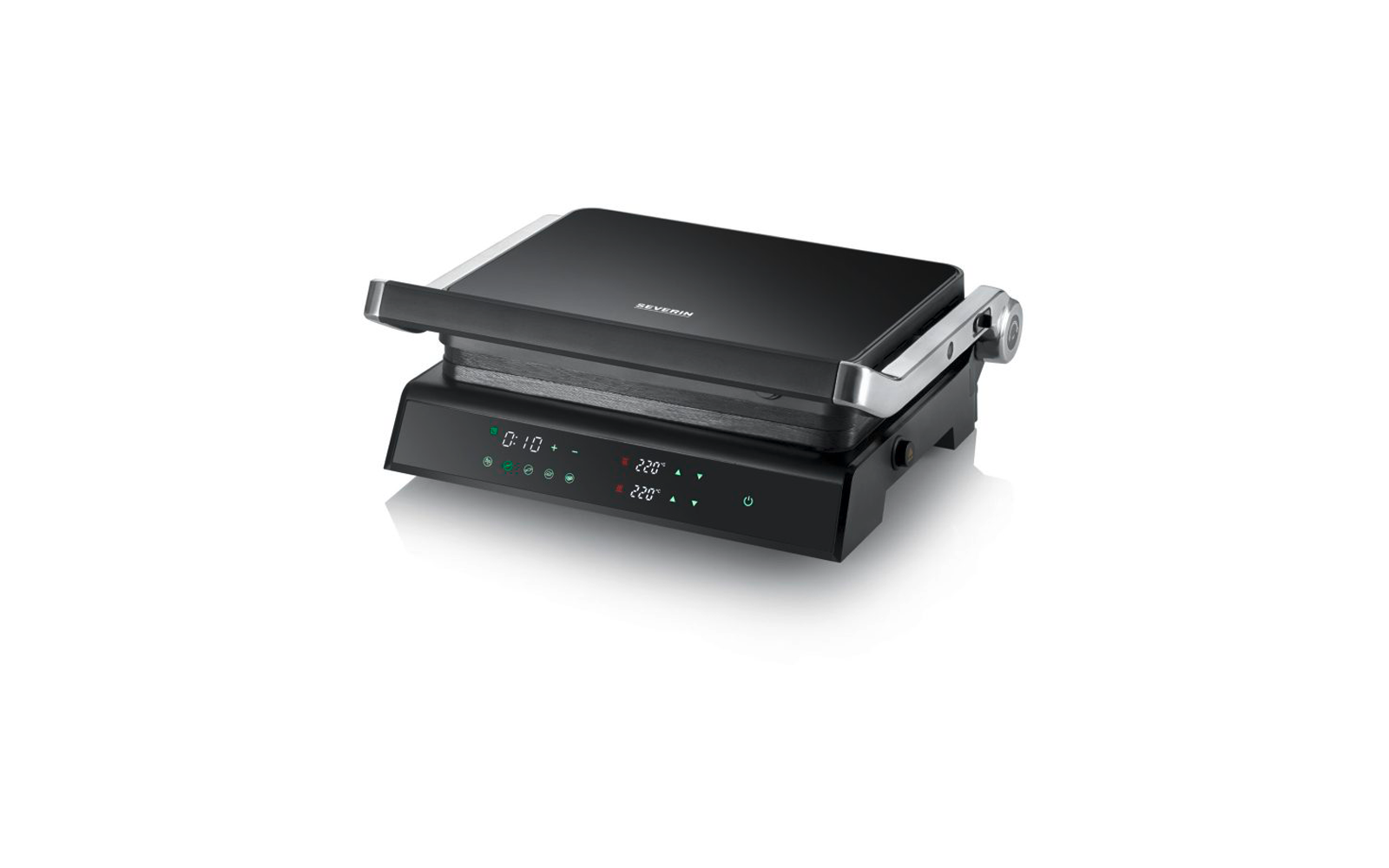 Zwarte elektrische contactgrill met digitaal display en bedieningsknoppen