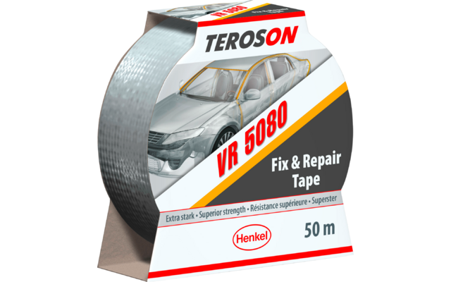 Rolle silbernes Klebeband in Pappverpackung mit Aufschrift 'TEROSON', 'VR 5080', 'Fix & Repair Tape', 'Henkel' und '50 m' sowie Abbildung eines Autos