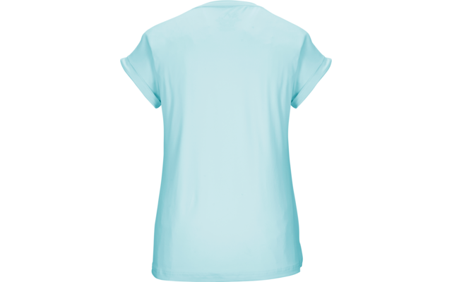 Rückseite eines hellblauen T-Shirts mit kurzen Ärmeln vor weißem Hintergrund