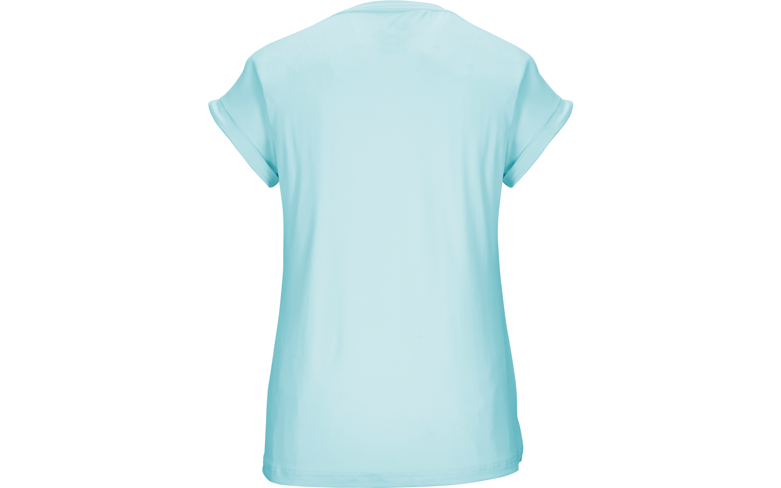 Rückseite eines hellblauen T-Shirts mit kurzen Ärmeln vor weißem Hintergrund