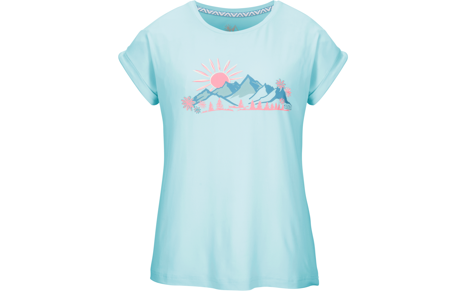 Hellblaues kurzärmeliges T-Shirt mit Druck: rosa Sonne über hellblauen Bergen, rosa Blumen und kleinen Bäumen am unteren Vorderteil