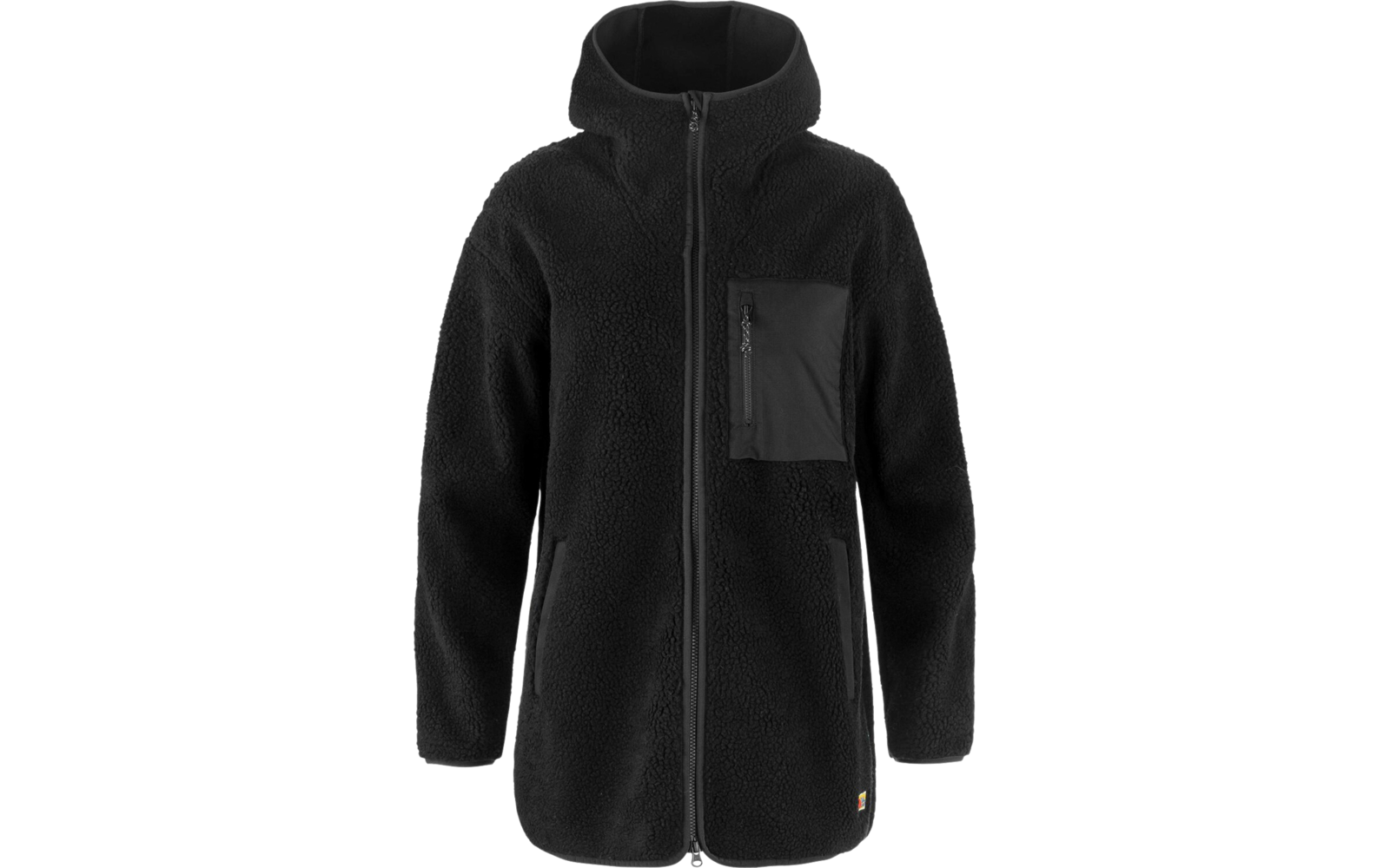 Schwarze Fleecejacke mit Reißverschluss und einer Brusttasche links