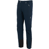 Dunkelblaue lange Hose mit Bundknopf, seitlicher Reißverschlusstasche am Oberschenkel, sichtbaren Nähten und schwarzer Verstärkung am unteren Beinabschluss
