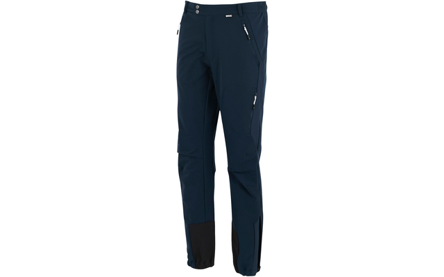 Dunkelblaue lange Hose mit Bundknopf, seitlicher Reißverschlusstasche am Oberschenkel, sichtbaren Nähten und schwarzer Verstärkung am unteren Beinabschluss