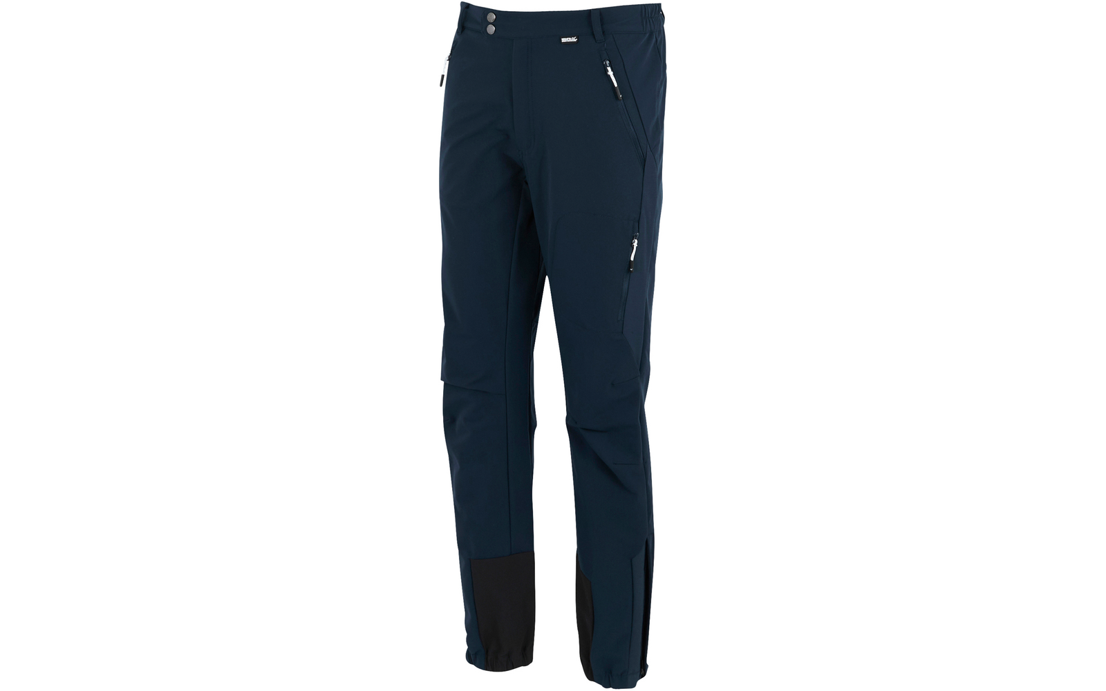 Dunkelblaue lange Hose mit Bundknopf, seitlicher Reißverschlusstasche am Oberschenkel, sichtbaren Nähten und schwarzer Verstärkung am unteren Beinabschluss