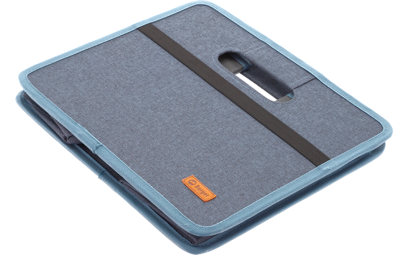 Graue Tasche mit Reißverschluss und kleinen orangefarbenen Details