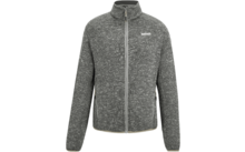 Graue melierte Fleecejacke mit Stehkragen, durchgehendem Reißverschluss, zwei seitlichen Reißverschlusstaschen und kleinem Logo auf der Brust