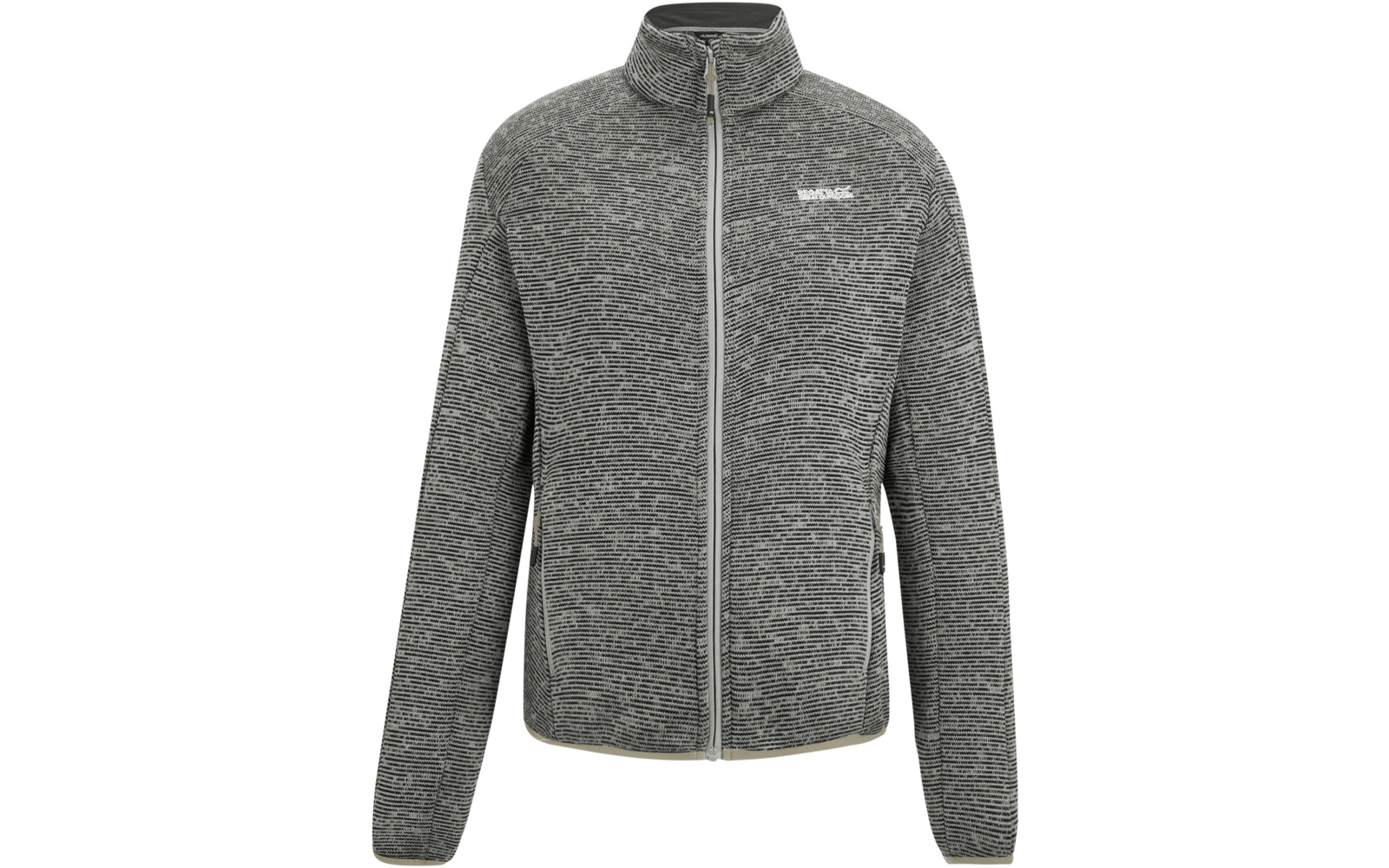 Graue melierte Fleecejacke mit Stehkragen, durchgehendem Reißverschluss, zwei seitlichen Reißverschlusstaschen und kleinem Logo auf der Brust