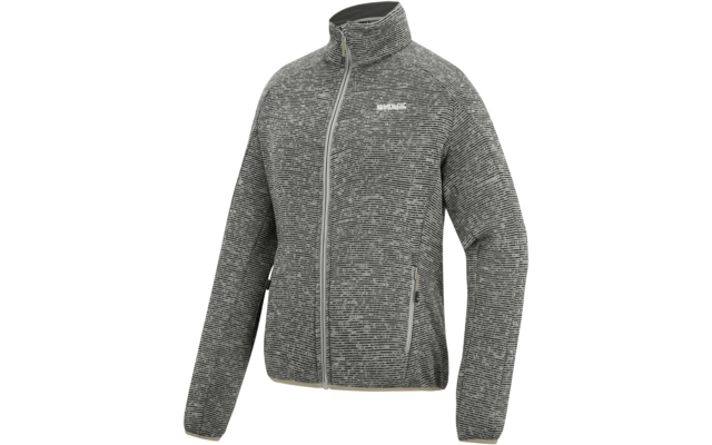 Graue Jacke mit durchgehendem Reißverschluss, Stehkragen, zwei seitlichen Reißverschlusstaschen, strukturiertem Strickmuster und kleinem weißem Logo auf Brusthöhe