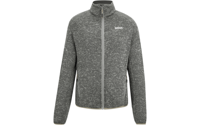 Graue melierte Fleecejacke mit Stehkragen, durchgehendem Reißverschluss, zwei seitlichen Reißverschlusstaschen und kleinem Logo auf der Brust