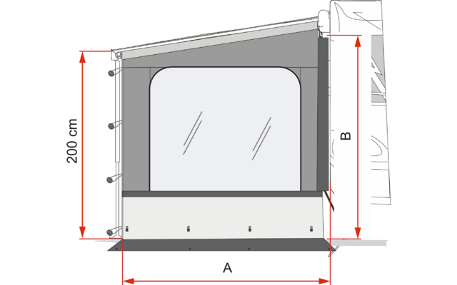 Technische Zeichnung eines rechteckigen Aufbaus mit schrägem Dach, großem mittigem rechteckigen Fenster mit abgerundeten Ecken und zwei diagonalen Strichen, seitlichen Befestigungspunkten, unterer Bodenlasche und roten Maßpfeilen links (200 cm), unte