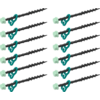 Zwölf schwarze spiralförmige Schrauben mit türkisfarbenem gebogenem Griff und hellgrünem sechseckigem Kopf, in zwei Spalten auf weißem Hintergrund