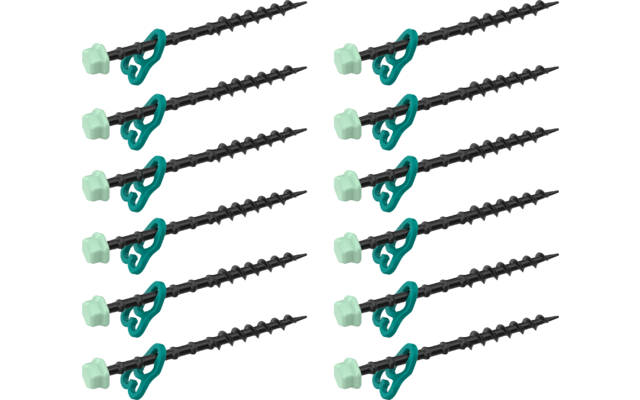Zwölf schwarze spiralförmige Schrauben mit türkisfarbenem gebogenem Griff und hellgrünem sechseckigem Kopf, in zwei Spalten auf weißem Hintergrund