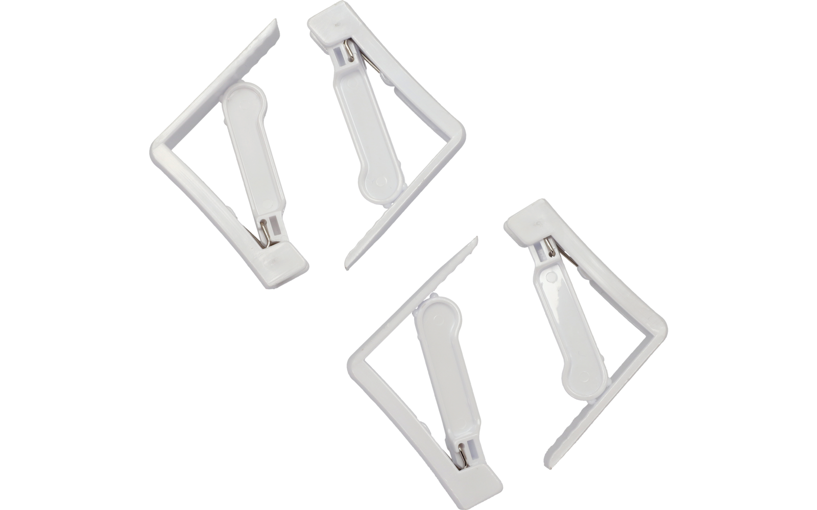 Vier weiße, rechteckige Kunststoffhalter mit integrierten Clips auf weißem Hintergrund