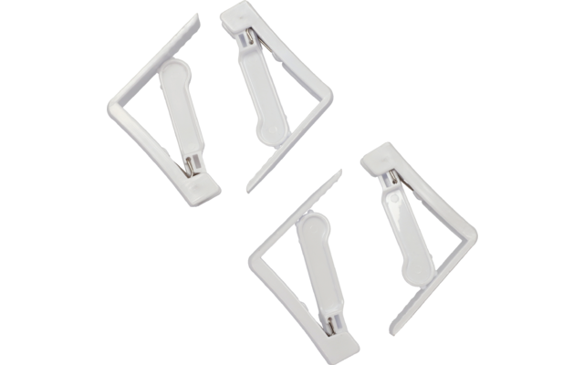 Vier weiße, rechteckige Kunststoffhalter mit integrierten Clips auf weißem Hintergrund