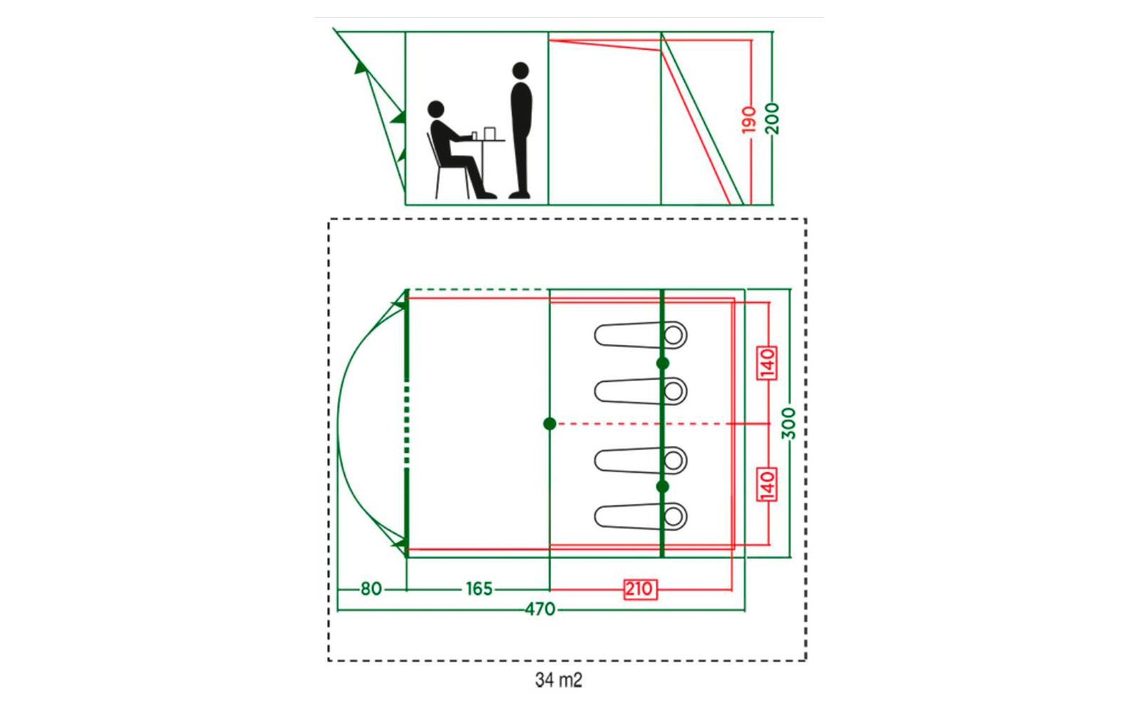 Technische Zeichnung mit Seiten- und Draufsicht, zeigt Maße und Anordnung von Stühlen und einer Wand