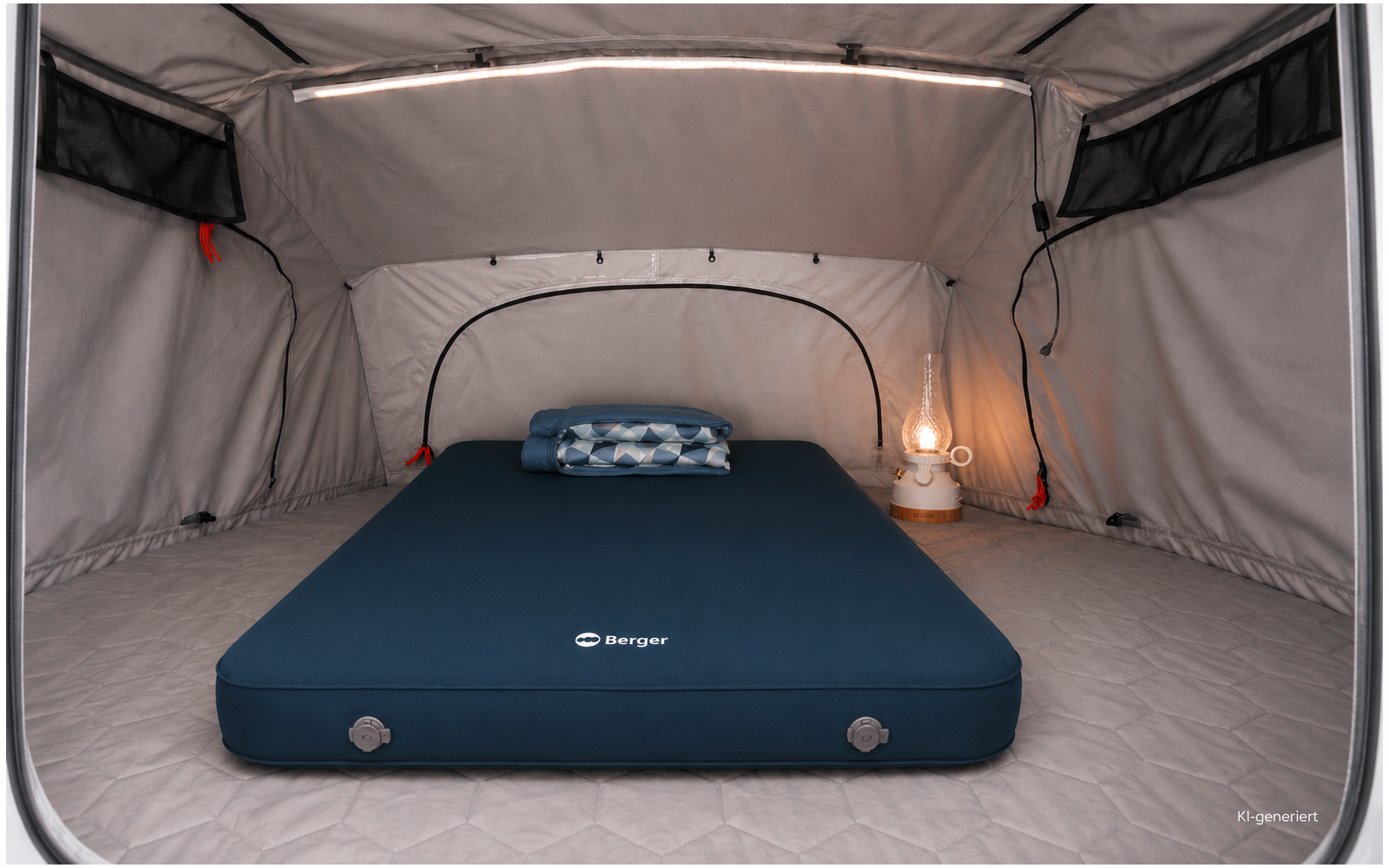 Intérieur d'une tente avec un matelas gonflable bleu portant le logo Berger, un coussin à motifs à la tête, une petite lampe au sol à droite, sol et parois matelassés