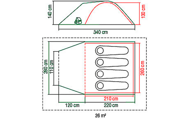 Dibujo técnico de una tienda rectangular con dimensiones y tres figuras acostadas en su interior