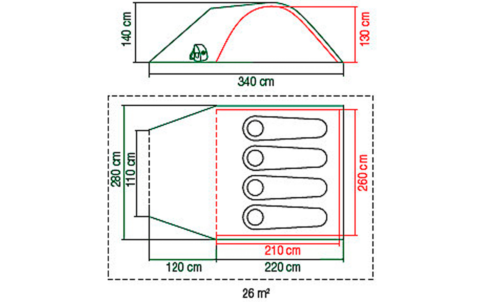 Dibujo técnico de una tienda rectangular con dimensiones y tres figuras acostadas en su interior