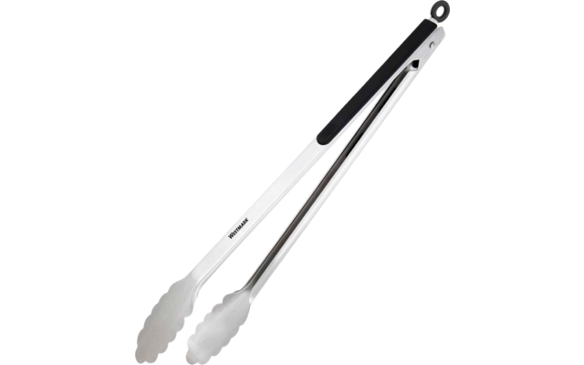 Silberfarbene Edelstahlzange mit gezackten Enden, schwarzem Griffpolster und Aufhängeöse