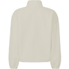 Back view of a cream-colored sherpa fleece jacket with a high collar, long sleeves, elastic cuffs, and straight hem