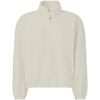 Cream sherpa fleece pullover with stand collar, quarter zip, long sleeves, elastic cuffs and slightly cropped hem