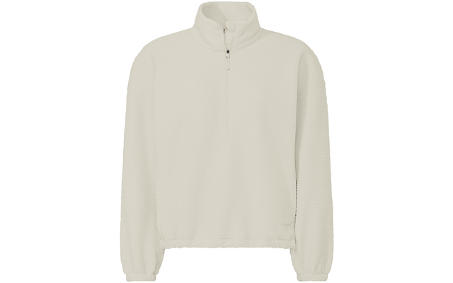 Cream sherpa fleece pullover with stand collar, quarter zip, long sleeves, elastic cuffs and slightly cropped hem