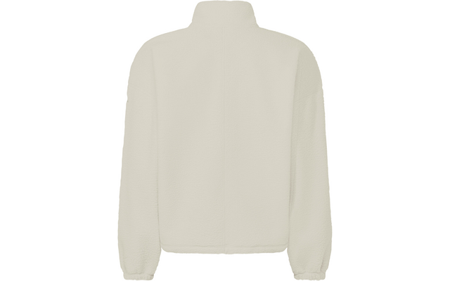Back view of a cream-colored sherpa fleece jacket with a high collar, long sleeves, elastic cuffs, and straight hem