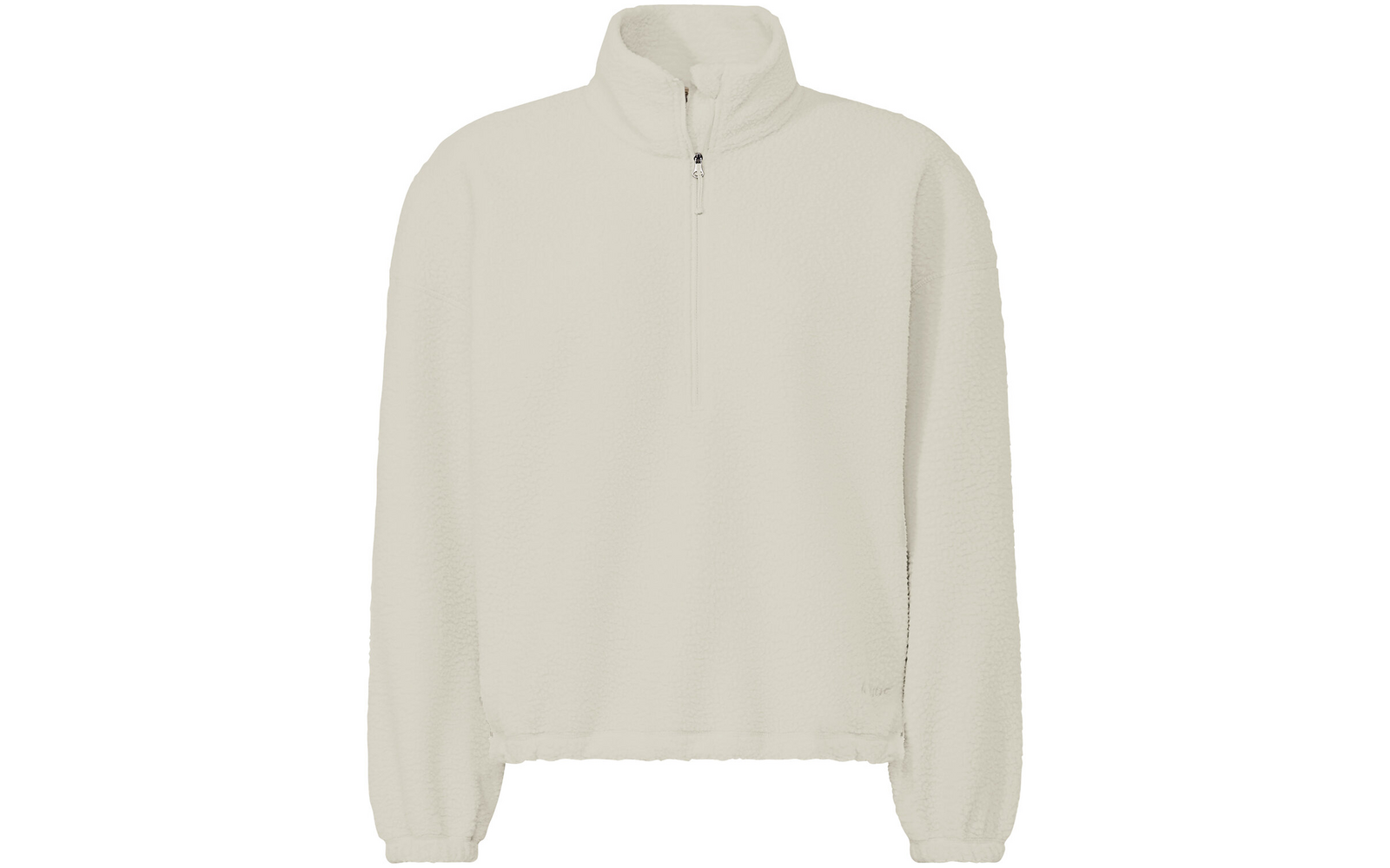 Cream sherpa fleece pullover with stand collar, quarter zip, long sleeves, elastic cuffs and slightly cropped hem