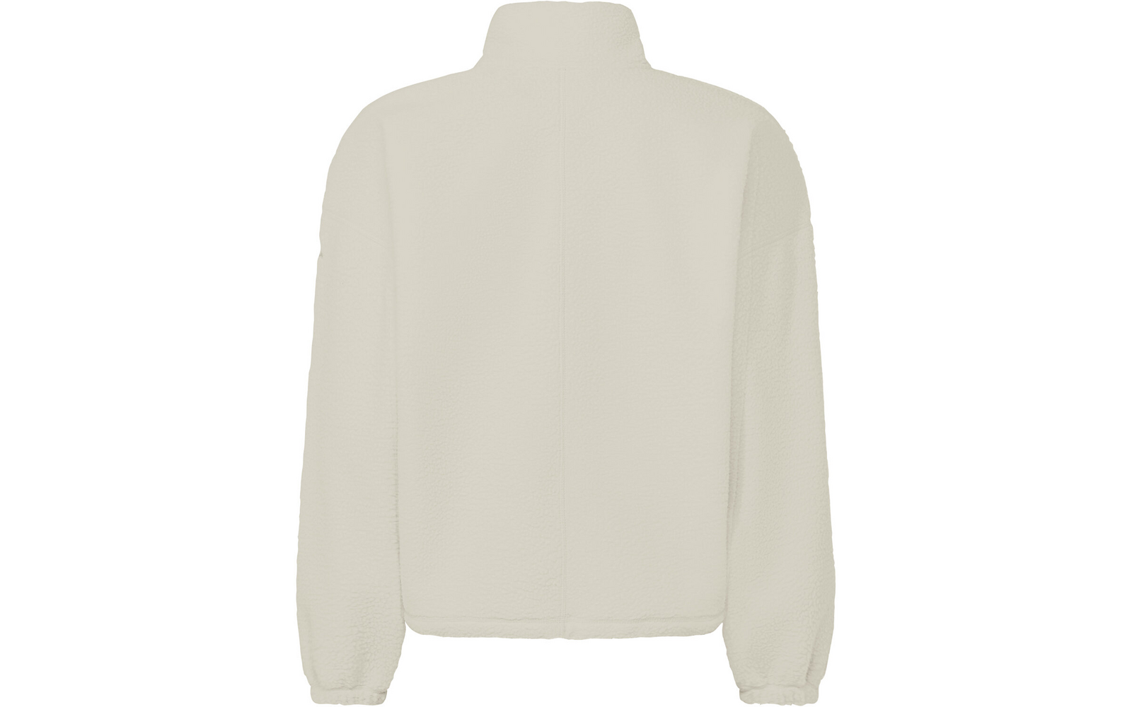 Back view of a cream-colored sherpa fleece jacket with a high collar, long sleeves, elastic cuffs, and straight hem