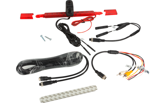 Kleine schwarze Kamera mit Halterung, mehrere aufgerollte schwarze Kabel, Kabel mit gelben/weißen/roten Cinch-Steckern, runder Mehrpolstecker, zwei rote Kunststoffhebel, zwei Schrauben und weißer doppelseitiger Klebestreifen