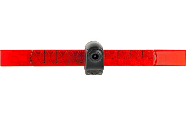 Roter horizontaler Leuchtbalken mit mehreren reflektierenden Segmenten und einer zentralen schwarzen runden Linse