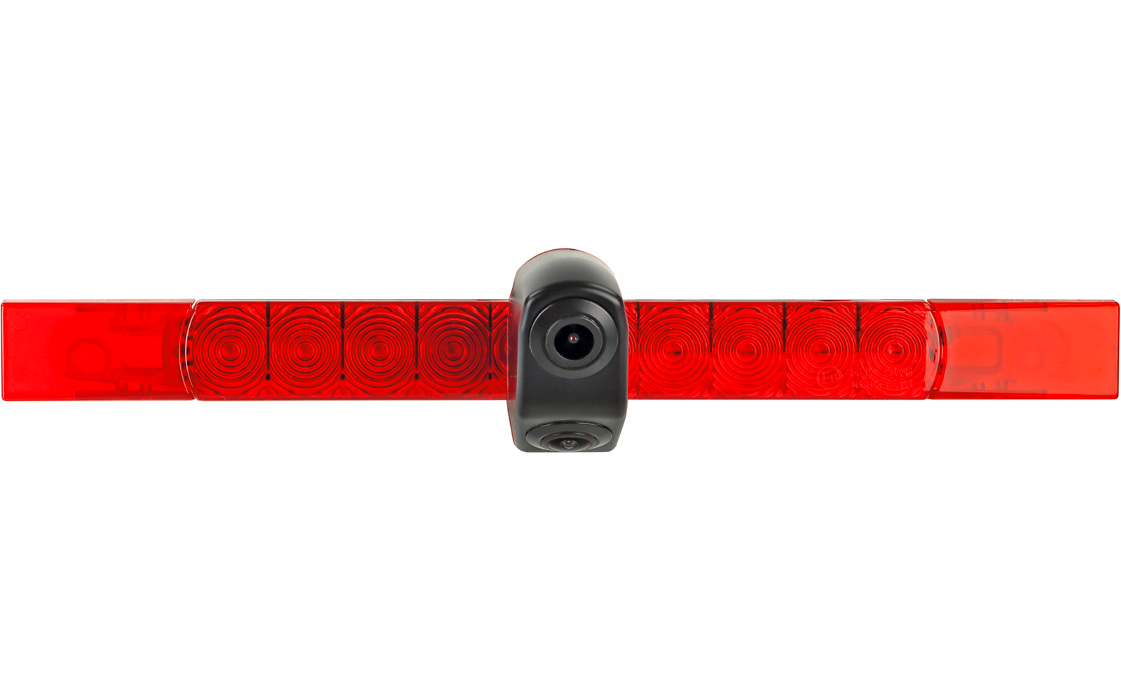 Roter horizontaler Leuchtbalken mit mehreren reflektierenden Segmenten und einer zentralen schwarzen runden Linse