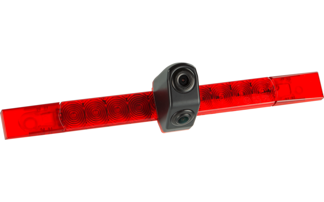 Roter transparenter Lichtbalken mit kreisförmigen Reflektoren und mittig angebrachtem schwarzem Gehäuse mit zwei runden Linsen
