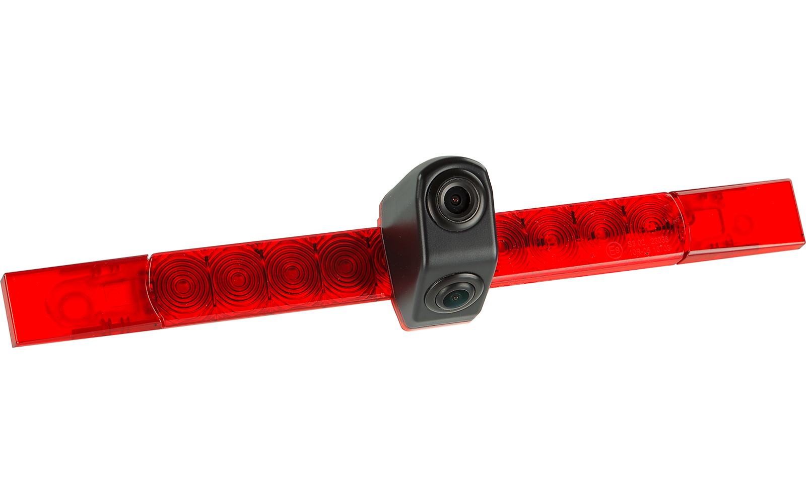 Roter transparenter Lichtbalken mit kreisförmigen Reflektoren und mittig angebrachtem schwarzem Gehäuse mit zwei runden Linsen