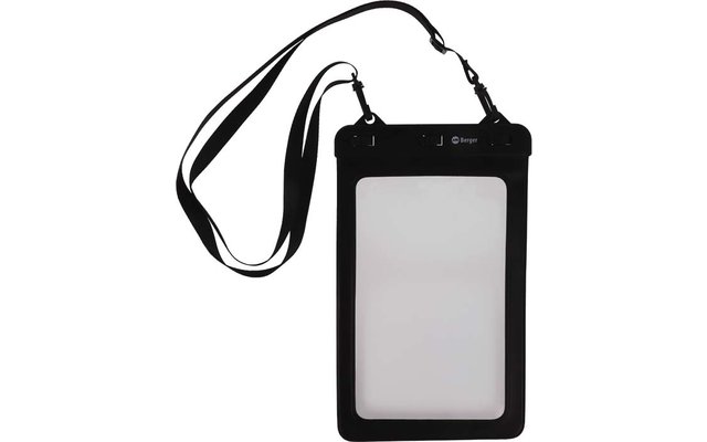 Schwarze wasserdichte Hülle mit transparentem Fenster und Trageband