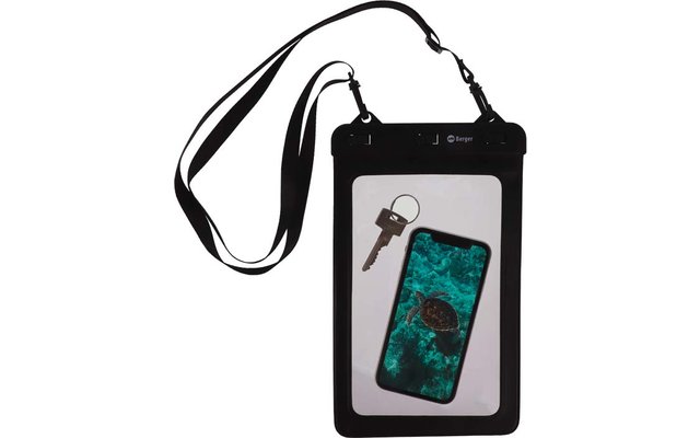 Schwarze wasserdichte Hülle mit Trageband; transparentes Fenster zeigt ein Smartphone mit Bild einer Meeresschildkröte in türkisfarbenem Wasser und einen Schlüssel an einem Schlüsselring