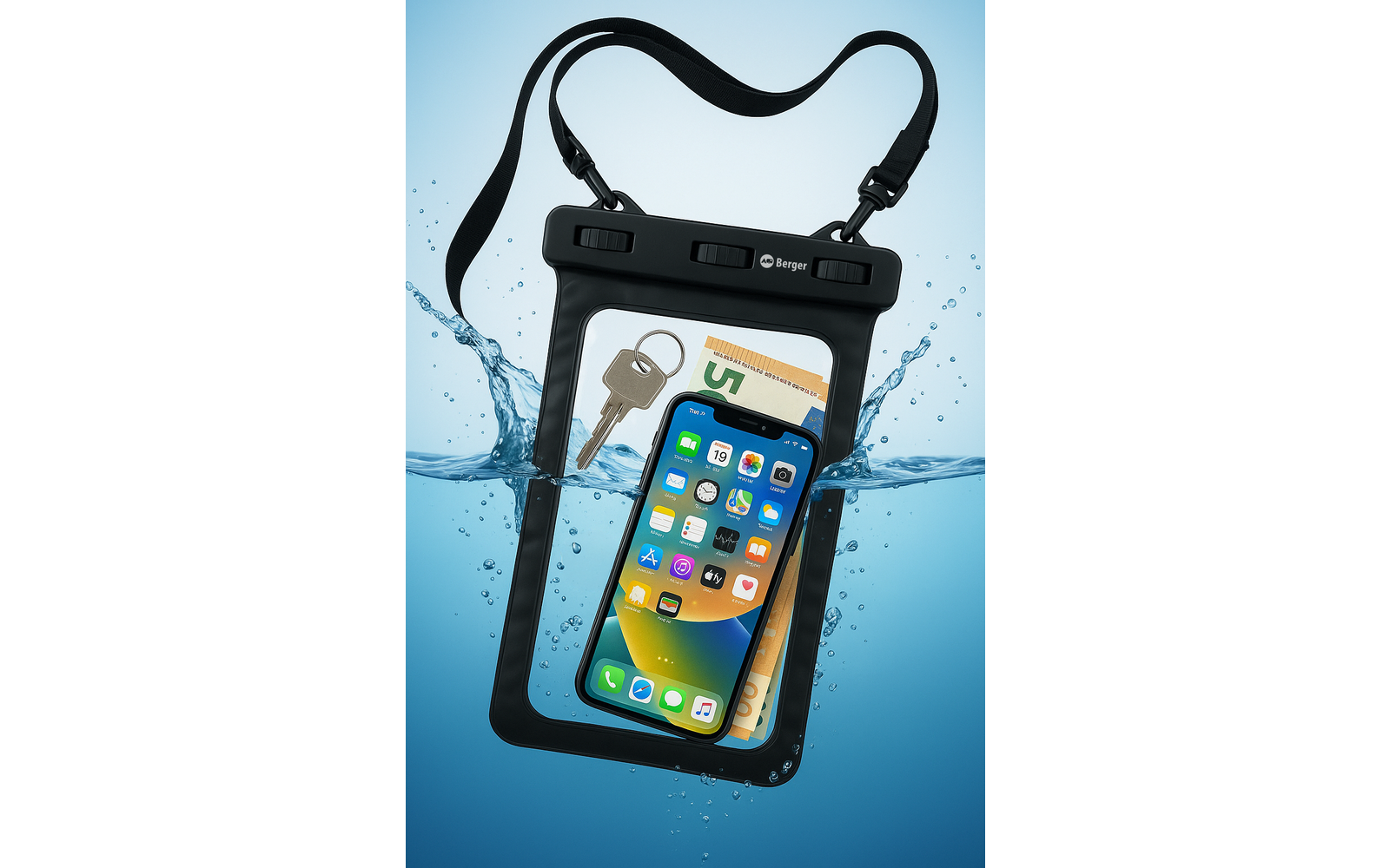 Schwarze transparente Tasche mit Tragegurt, darin ein Smartphone mit Apps auf dem Display, ein Schlüssel an einem Schlüsselring und gefaltete Geldscheine; Tasche teilweise im Wasser mit Wasserspritzern vor blauem Hintergrund