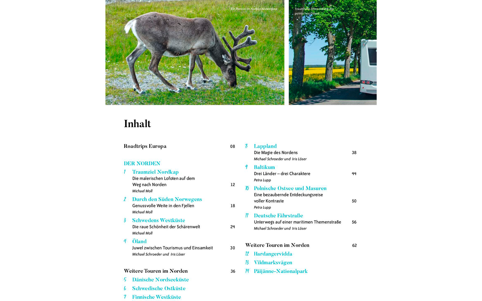 Oben links ein grasendes Rentier mit Geweih; oben rechts ein Wohnmobil am Straßenrand neben Bäumen und Feldern; unten eine Seite mit der Überschrift 'Inhalt' und Spalten mit Einträgen und Seitenzahlen