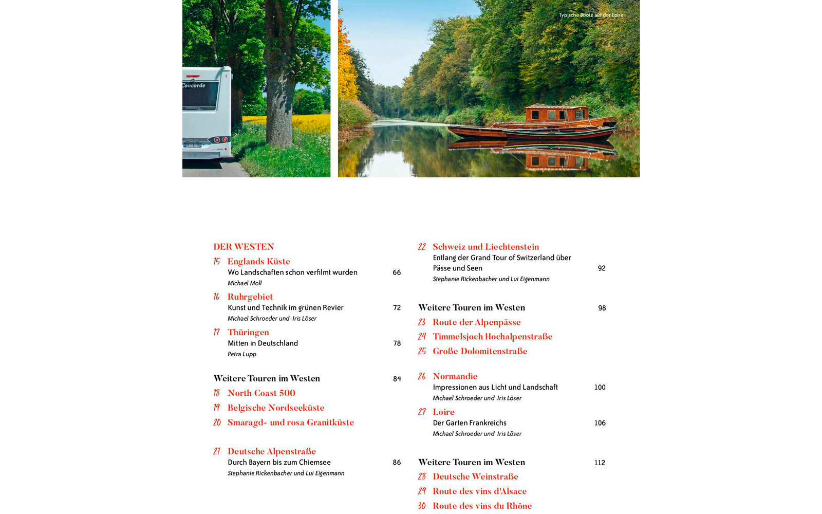 Zweispaltiges Bild: links die Rückseite eines weißen Wohnmobils auf einer Landstraße zwischen Bäumen und Wiese; rechts ein hölzernes Boot auf einem spiegelglatten Fluss vor grün-orange gefärbten Bäumen; darunter ein weißer Seitenbereich mit mehrspalt